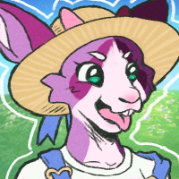 Headshot of a purple anthropomorphic goat in a sunhat baa-ing