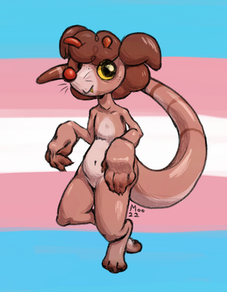 A tan anthropomorphic tapeworm with a round red nose floats over a transgender flag background.