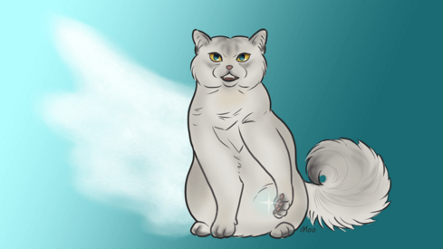 A pale cat with one wing made of snow holds a small star in its paw