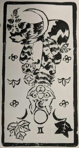 black ink linocut print of a cat as the high priestess tarot card, reversed