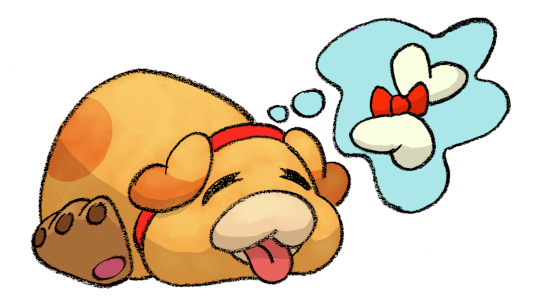 Oatchi dreaming of a scrummy bone. Collaboration with my wife.