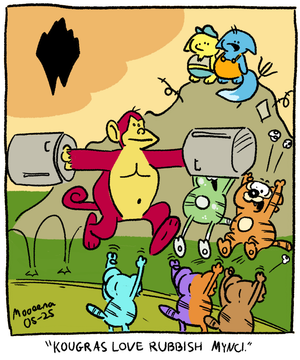 Heathcliff-style comic with the text Kougras Love Rubbish Mynci.