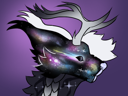 the head of a wolflike creature with antlers and a galaxy-patterned face