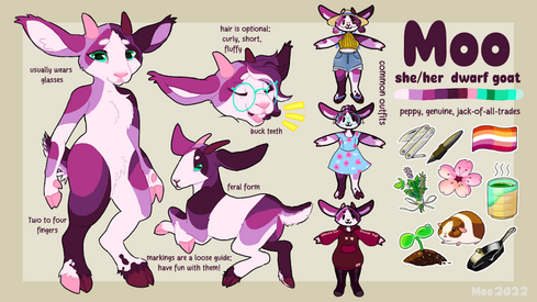 Reference sheet of Moo, an anthropomorphic purple goat