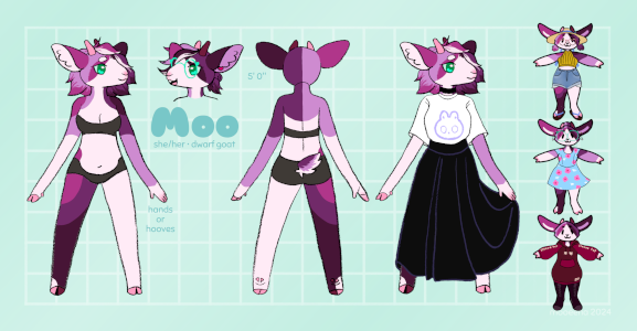 Front, back, and outfit views of my fursona, a purple and white goat. Text: Moo. She/her, dwarf goat. 5 feet. Hands or hooves.
