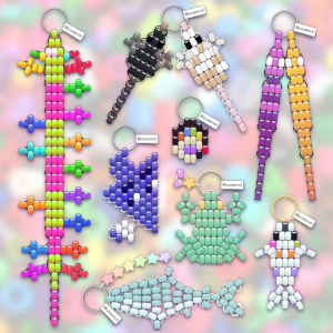 A collection of differently shaped beaded keychain critters